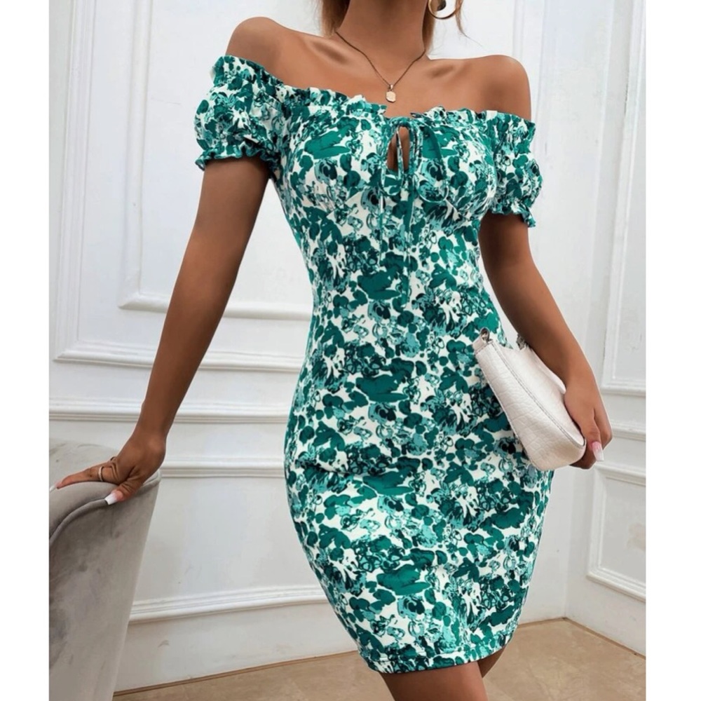 Boho green Floral Print Off Shoulder Bodycon Dress - Picture 11 of 16